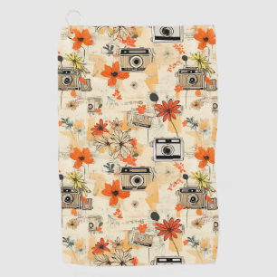 Vintage Camera Floral Orange Mustard Ephemera Golf Towel