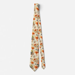 Vintage Camera Floral Orange Mustard Ephemera Neck Tie