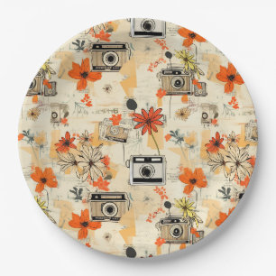 Vintage Camera Floral Orange Mustard Ephemera Paper Plates