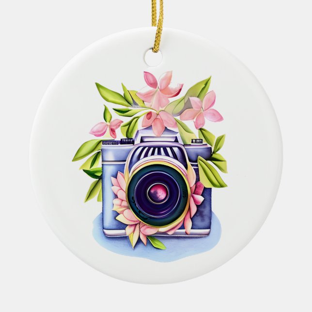 Vintage Camera Floral Personalized Ceramic Ornament (Front)