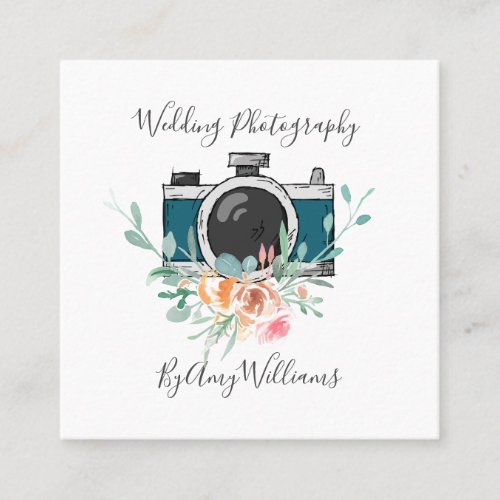 Vintage Camera Floral Wedding Photography Square Business Card