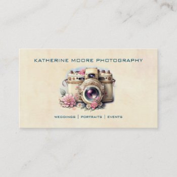 Vintage Camera & Flowers Watercolor Photography Bu Business Card by HydrangeaBlue at Zazzle