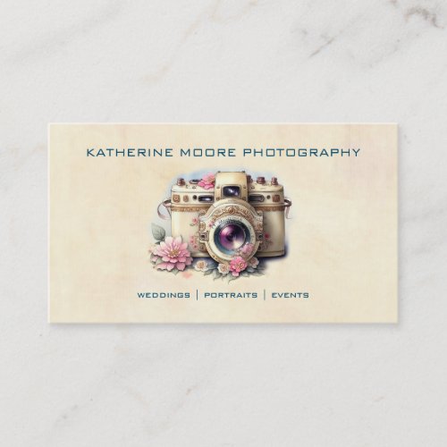 Vintage Camera  Flowers Watercolor Photography Bu Business Card