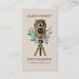 Vintage Camera &amp; Flowers Watercolor Photography Business Card