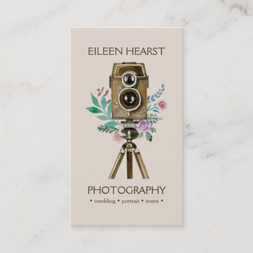 Vintage Camera  Flowers Watercolor Photography Business Card