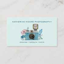 Vintage Camera & Flowers Watercolor Photography Business Card