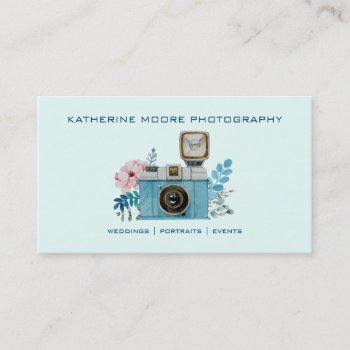 Vintage Camera & Flowers Watercolor Photography Business Card by HydrangeaBlue at Zazzle