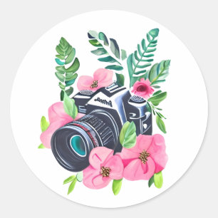 Vintage Camera, Green Foliage Classic Round Sticker