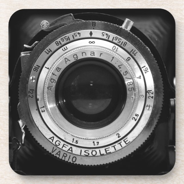 Vintage camera lens beverage coaster (Front)