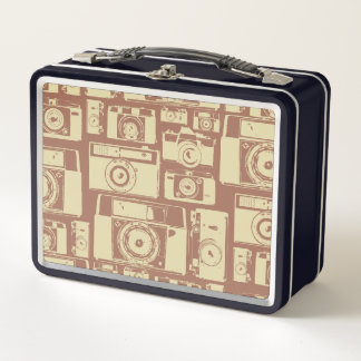Vintage Camera Pattern in Brown Colors Metal Lunch Box