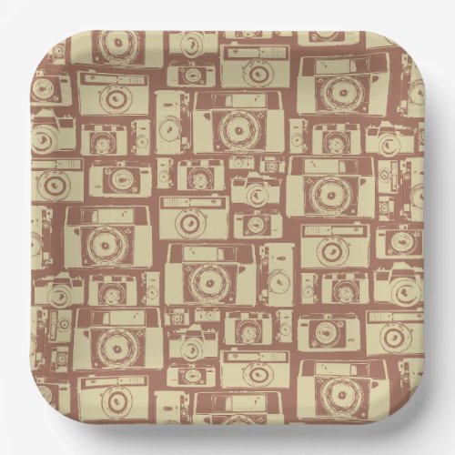 Vintage Camera Pattern in Brown Colors Paper Plates