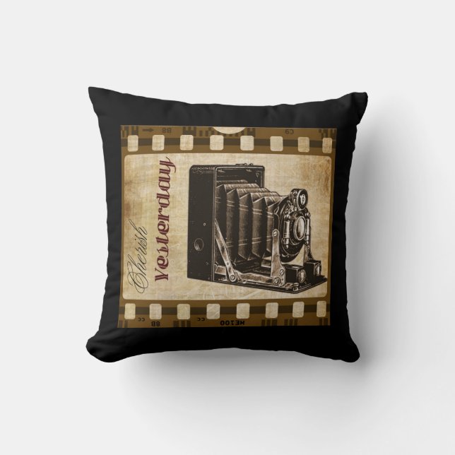 Vintage camera photography film brown black  throw pillow (Front)