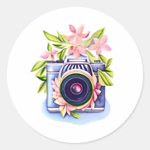 Vintage Camera, Pink Flowers, Green Foliage Classic Round Sticker