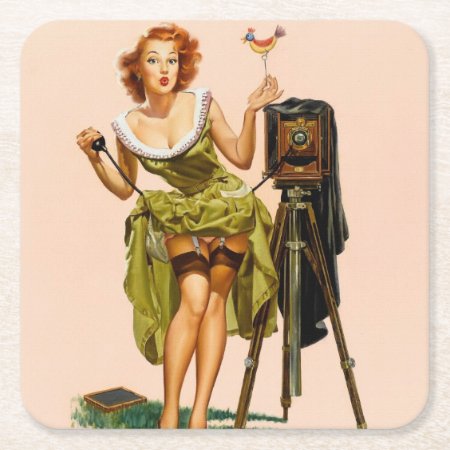 Vintage Camera Pinup Girl Square Paper Coaster