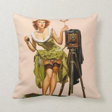 Vintage Camera Pinup Girl Throw Pillow