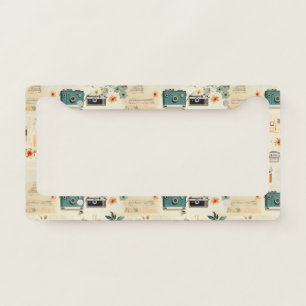 Vintage Camera Radio Floral Teal Orange Collage License Plate Frame