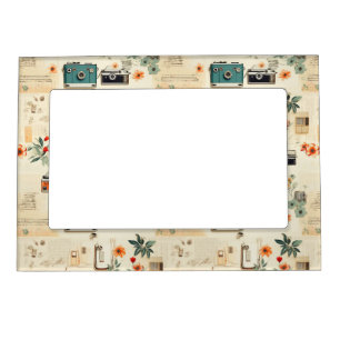 Vintage Camera Radio Floral Teal Orange Collage Magnetic Frame