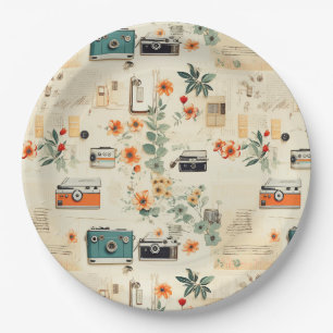 Vintage Camera Radio Floral Teal Orange Collage Paper Plates