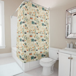 Vintage Camera Radio Floral Teal Orange Collage Shower Curtain