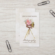 Vintage Camera & Roses Watercolor Photography Business Card