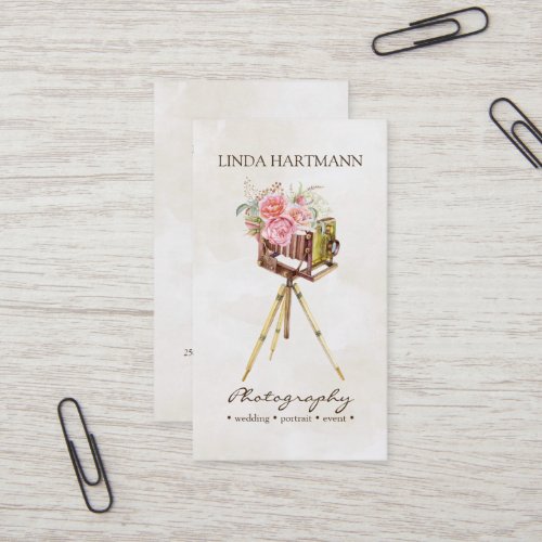 Vintage Camera  Roses Watercolor Photography Business Card