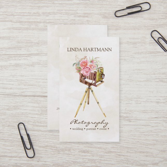 Vintage Camera & Roses Watercolor Photography Business Card (Front/Back In Situ)