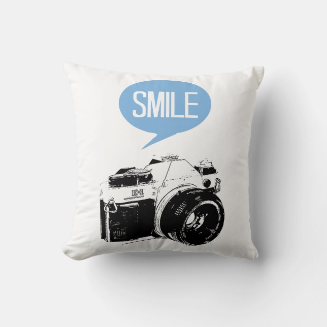 Vintage Camera, Smile Text Balloon, Photographer Throw Pillow (Front)
