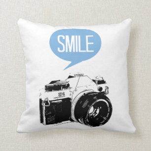 Vintage Camera, Smile Text Balloon, Photographer Throw Pillow
