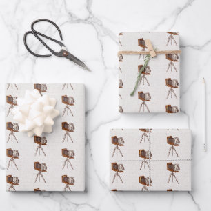 Vintage Camera Tripod Linen Texture Name Pattern Wrapping Paper Sheets