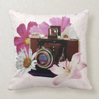 Vintage camera with flowers throw pillow