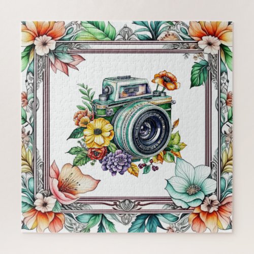 Vintage Camera with Pretty Flowers Watercolor Jigsaw Puzzle