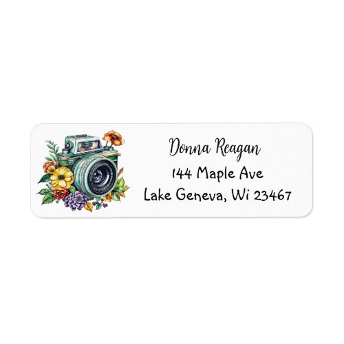 Vintage Camera with Pretty Flowers Watercolor Label