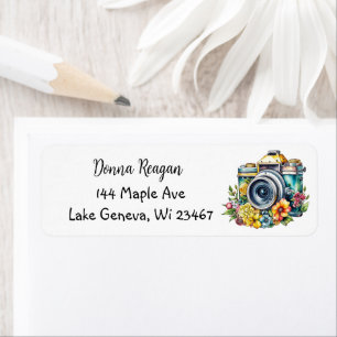 Vintage Camera with Pretty Flowers Watercolor Label