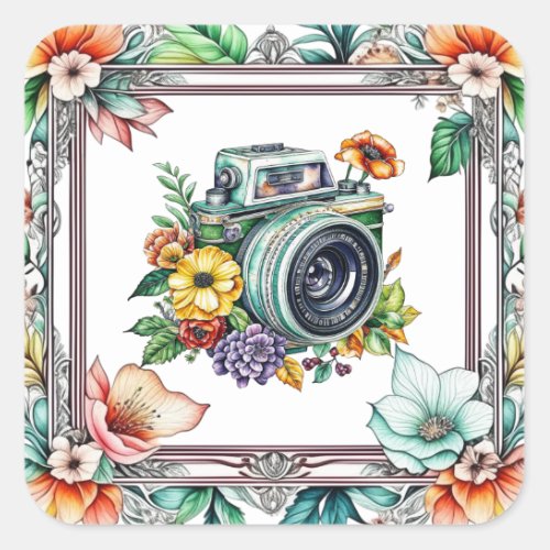 Vintage Camera with Pretty Flowers Watercolor Square Sticker