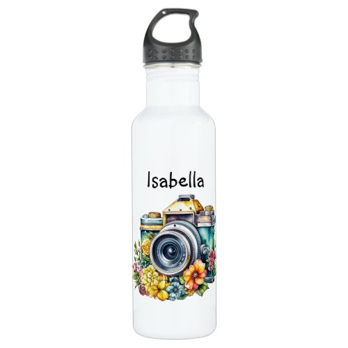 Vintage Camera with Pretty Flowers Watercolor Stainless Steel Water Bottle