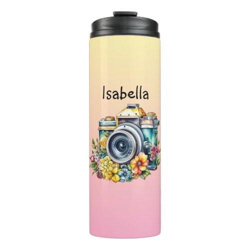 Vintage Camera with Pretty Flowers Watercolor Thermal Tumbler
