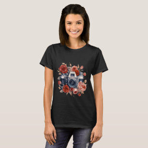 Vintage Camera with Red Roses Floral Photography T-Shirt