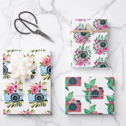 Vintage Cameras and Pink  Flowers Birthday Wrapping Paper Sheets