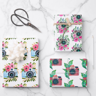 Vintage Cameras and Pink  Flowers Birthday Wrapping Paper Sheets