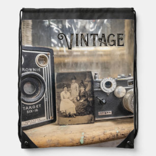 Vintage Cameras with Vintage print Drawstring Bag