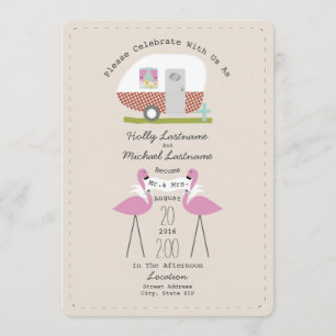 Vintage Camper And Flamingos Wedding Invitation