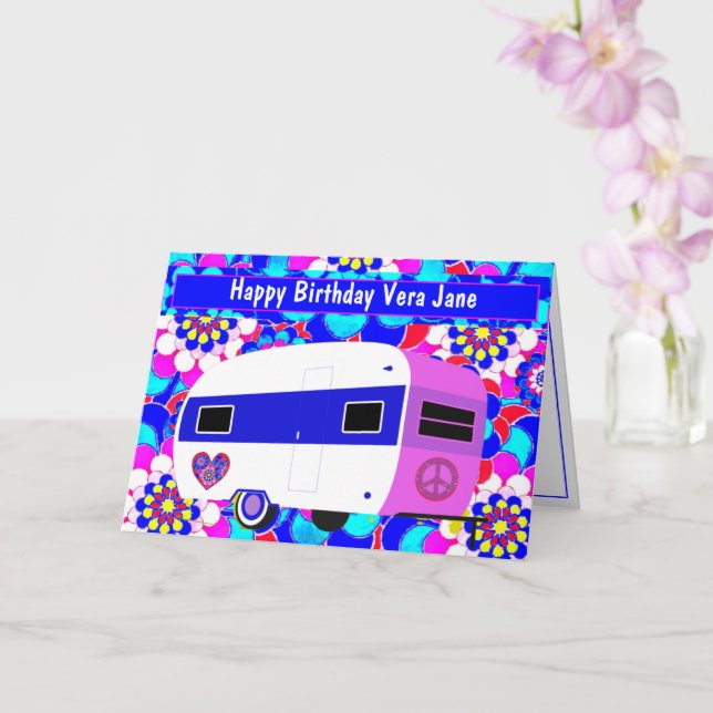Vintage Camper and Mod Flowers Happy Birthday Card (Orchid)