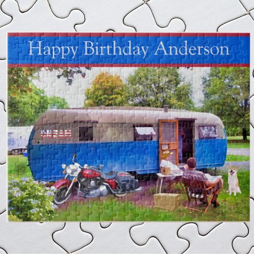 Vintage Camper and Motorcycle Happy Birthday  Jigsaw Puzzle