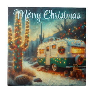 Vintage Camper Christmas in Desert Personalized Ceramic Tile