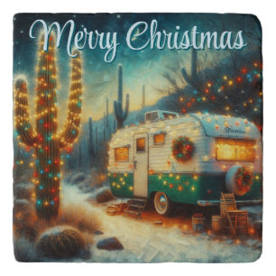 Vintage Camper Christmas in Desert Personalized Trivet