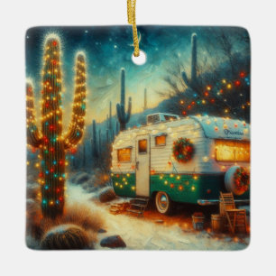 Vintage Camper Christmas in Desert Saguaro Cactus Ceramic Ornament
