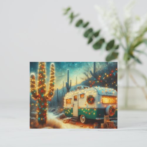 Vintage Camper Christmas in Desert Saguaro Cactus  Holiday Postcard