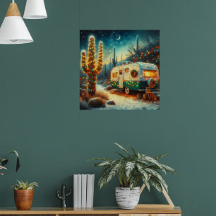Vintage Camper Christmas in Desert Saguaro Cactus Poster