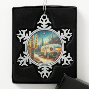 Vintage Camper Christmas in Desert Saguaro Cactus Snowflake Pewter Christmas Ornament