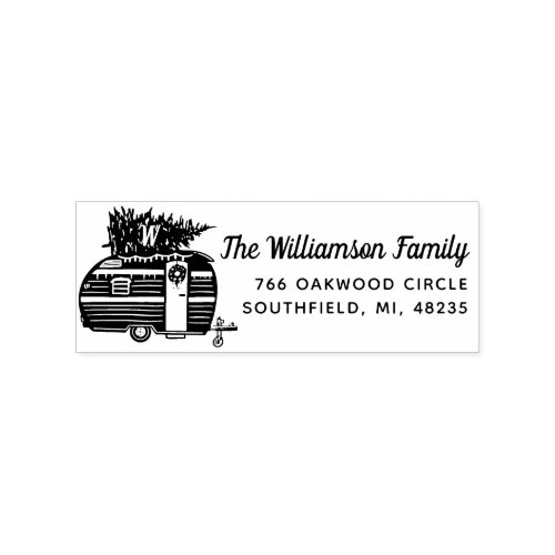 Vintage Camper Christmas Tree Monogram Address Rubber Stamp